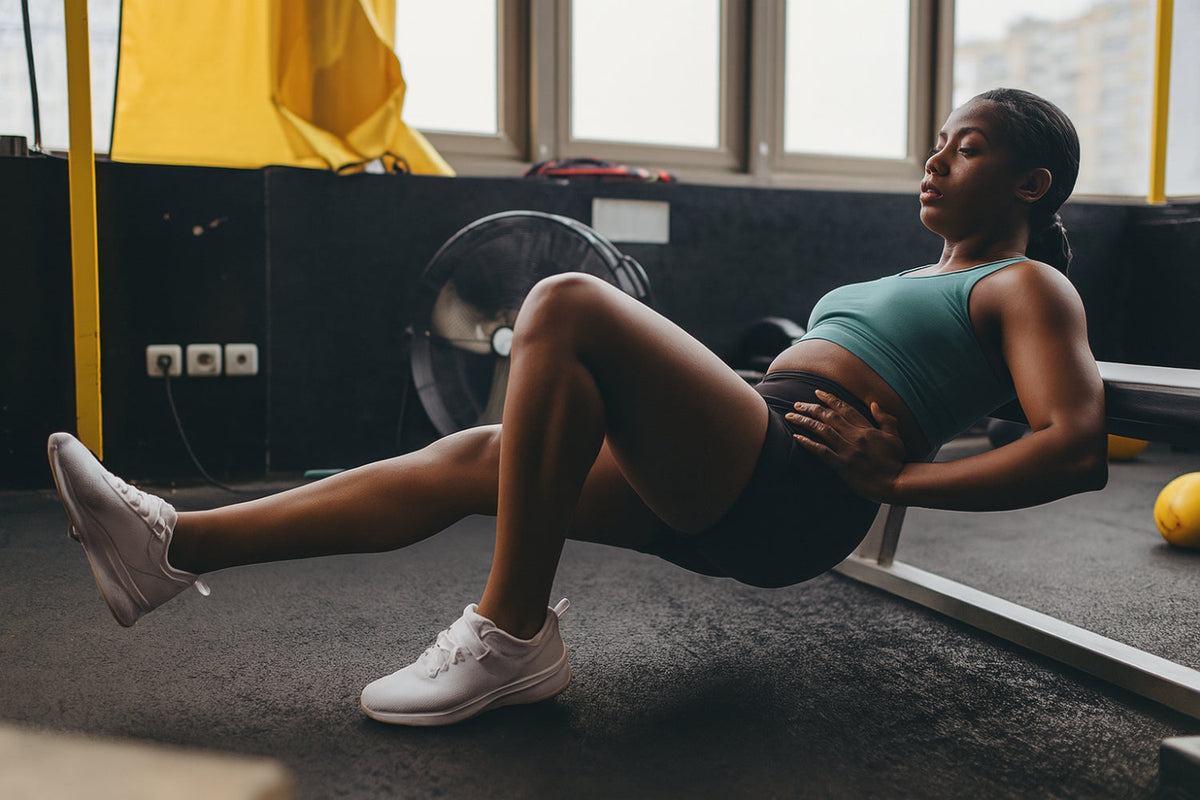 sportvrouw voert een single leg hip thrust uit op bankje in de gym