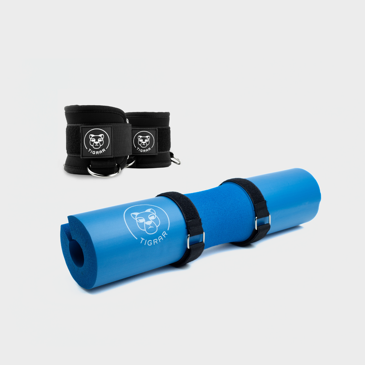 Blauwe Tigrar gym hip thrust pad met enkel strap voor kickback oefeningen