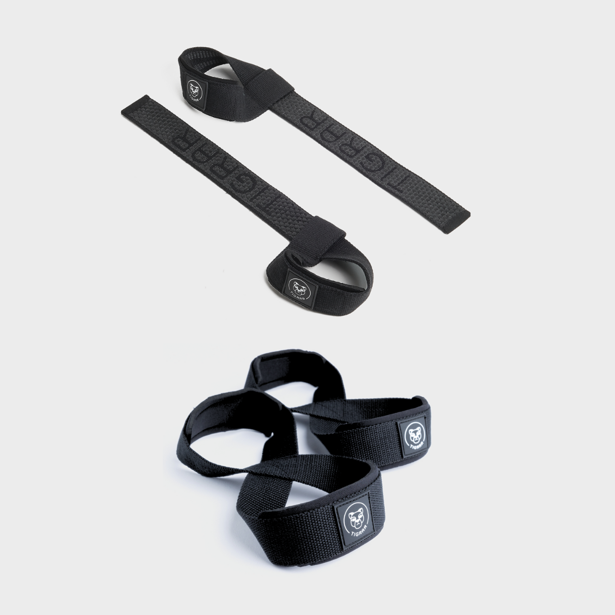 Zwarte lifting straps met zwarte figure 8 straps, voor een klassieke en krachtige grip tijdens weightlifting.