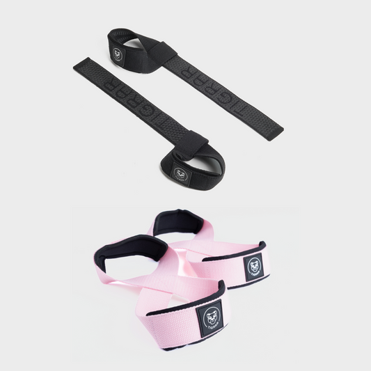 Zwarte lifting straps met roze figure 8 straps, biedt een stijlvolle en stevige grip tijdens gewichtheffen.