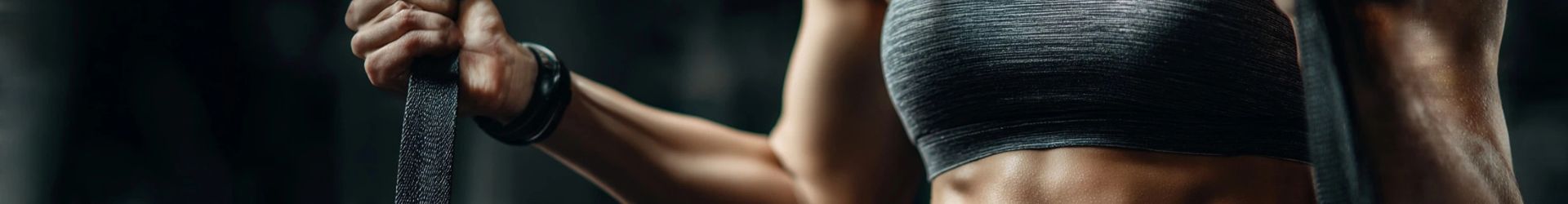 Sportvrouw is in de gym bezig met een workout. hierbij gebruikt ze een lange grijze fitness elastiek