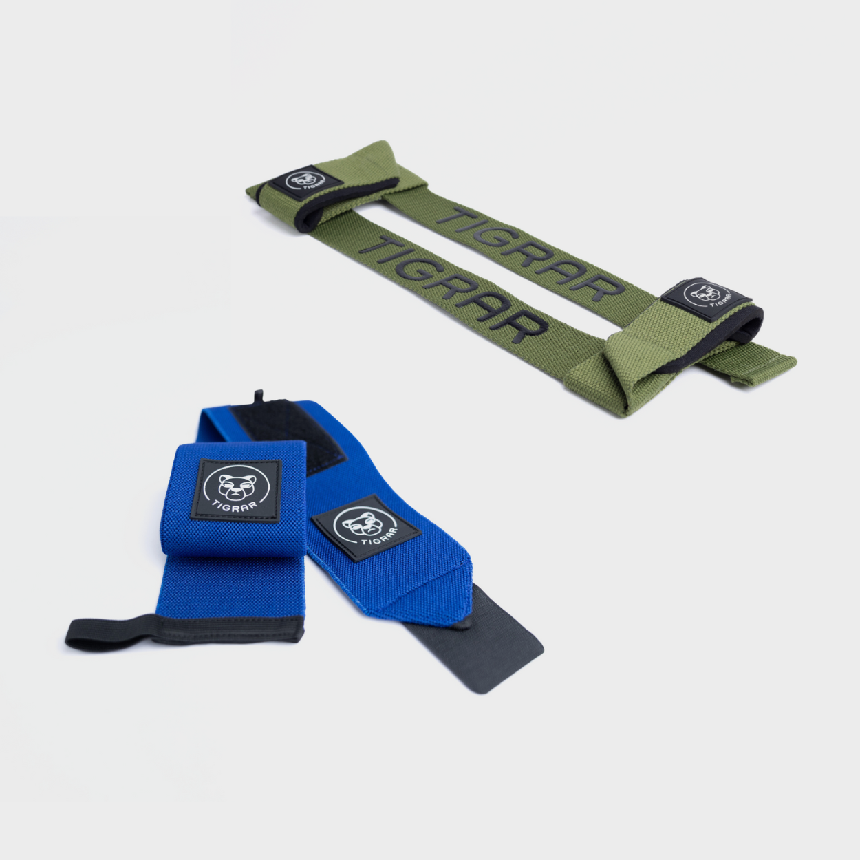 Blauwe fitness wrist wraps en groene weight lifting straps van Tigrar voor extra grip en stabiliteit bij powerlifting en deadlifts