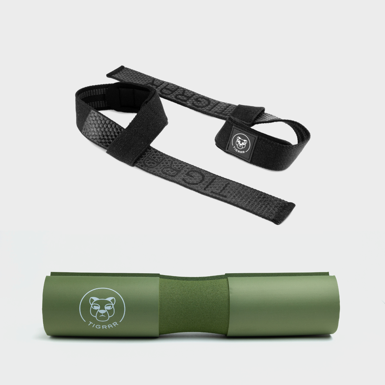 Zwarte lifting straps en groene Tigrar barbell pad set, biedt een anti-slip grip en ongeëvenaard comfort voor trainingen.