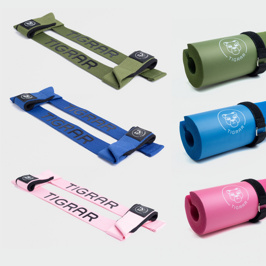 Grip en lift kit: Verzameling van Tigrar straps en barbell pads in diverse kleuren, samen gepresenteerd op één foto.