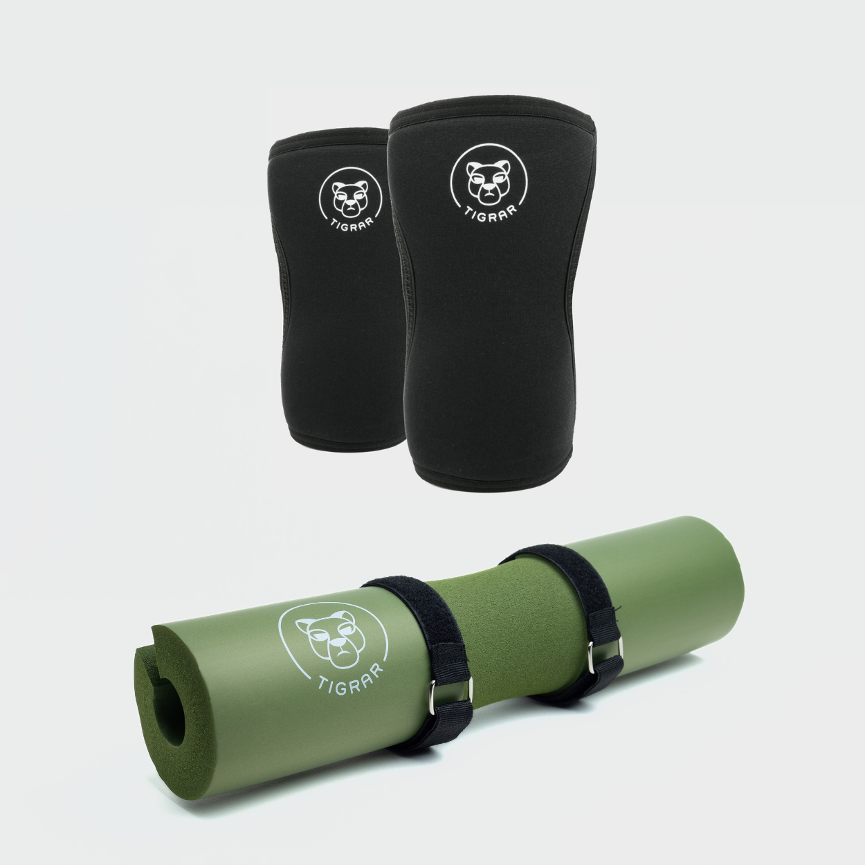 Verbeter je workout veiligheid met Tigrar's combinatie van slijtvaste zwarte knee sleeves en een schok dempende groene barbell pad.