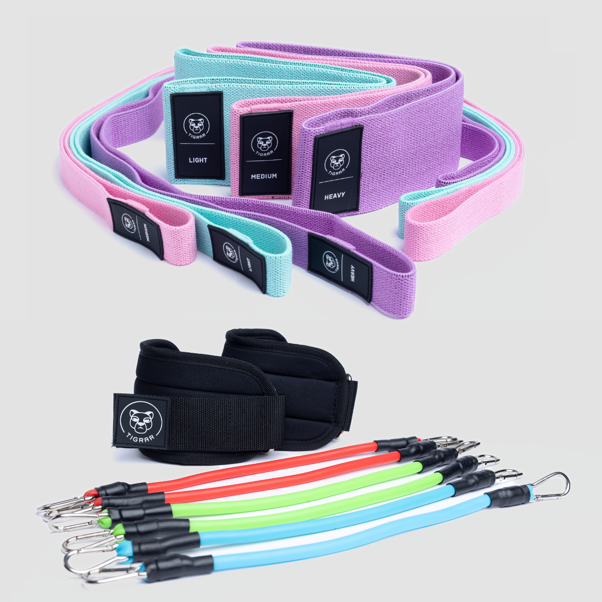 fitness bundel met 6 sport elastieken, 6 tubes en enkelband voor fitness