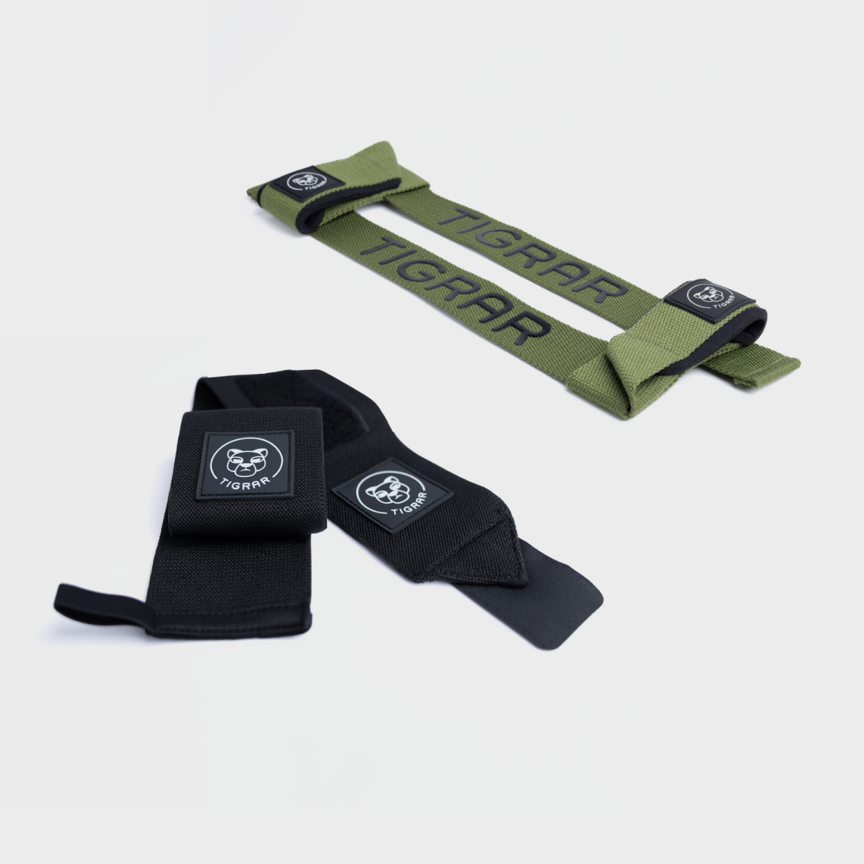 Groene weightlifting lifting straps en zwarte fitness wrist straps van Tigrar voor verbeterde grip en polssteun bij gewichtheffen