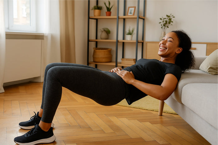 Vrouw voert een bodyweight hip thrust uit op een bank in haar woonkamer