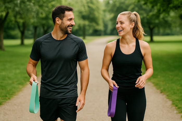 Twee sportieve volwassenen wandelen lachend in het park met booty bands in de hand – klaar voor standing hip flexion training in de buitenlucht.