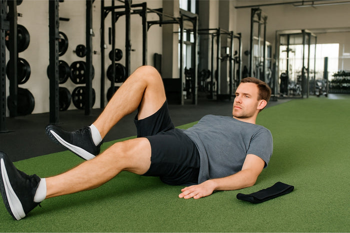 Sportieve man voert supine hip flexion uit in gym met zwarte booty band naast zich op kunstgras.