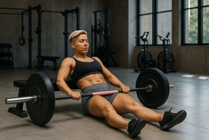 Vrouw voert een barbell hip thrust uit in een moderne sportschool met industriële uitstraling.