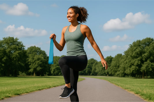 Sportieve vrouw voert high knees oefening uit buiten en houdt een blauwe booty band in één hand vast