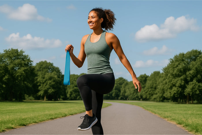 Sportieve vrouw voert high knees oefening uit buiten en houdt een blauwe booty band in één hand vast