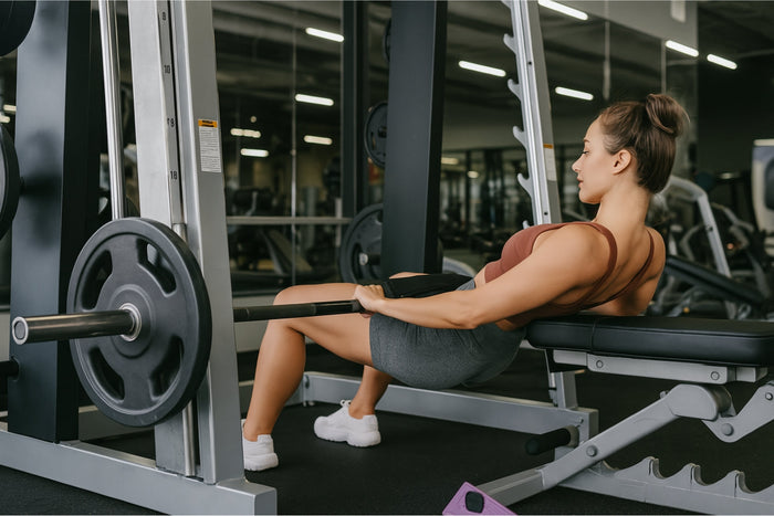 Sportieve vrouw voert een hip thrust uit op de Smith machine in een moderne gym, met een barbell stang op haar heupen