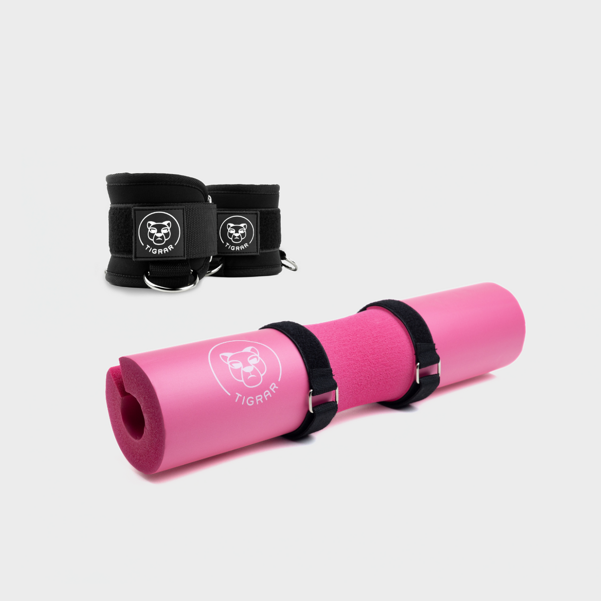 Tigrar Strength and comfort kit met pink bar pad for hip thrusts en zwarte gym enkel straps