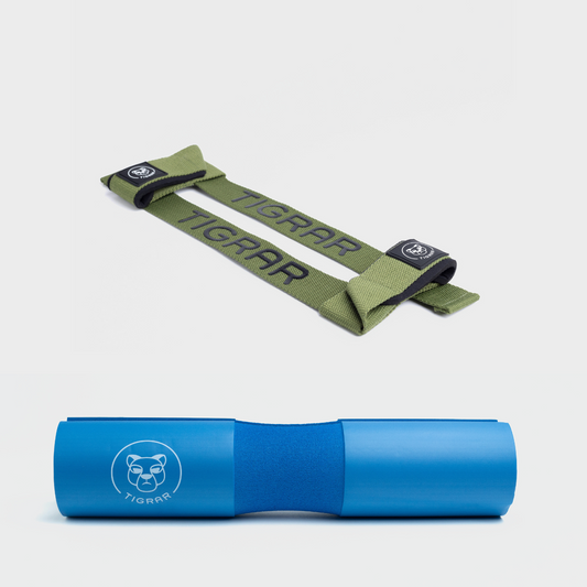 Groene straps en blauwe Tigrar barbell pad, gemaakt voor de atleet die waarde hecht aan bescherming en stijl.