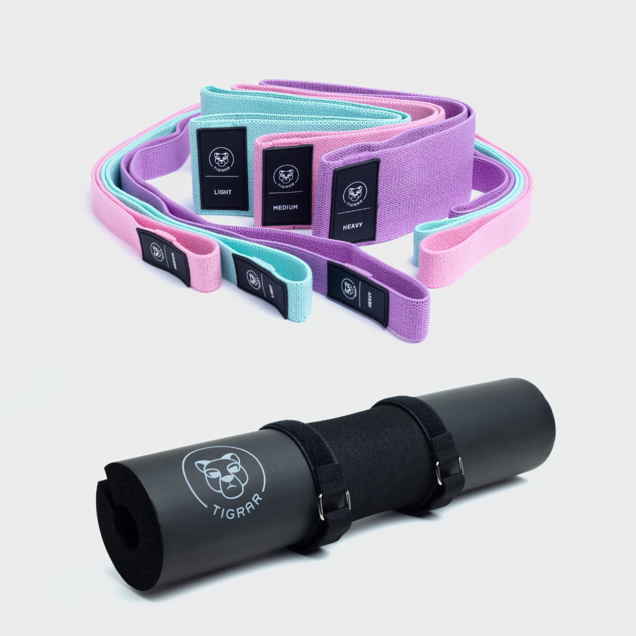Tigrar Dynamic Strength Set met 6 fitness elastieken en zwarte barbell neck pad