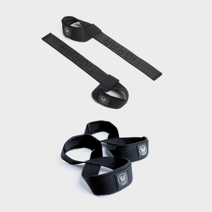 Zwarte lifting straps met zwarte figure 8 straps, voor een klassieke en krachtige grip tijdens gewichtheffen.