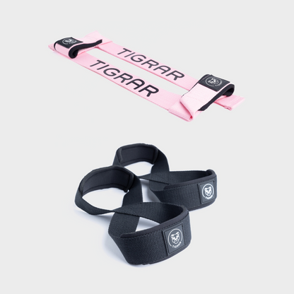 Zwarte figure 8 straps met roze lifting straps, biedt een stijlvolle en stevige grip tijdens weightlifting.