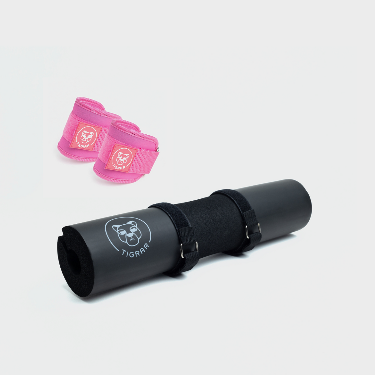Roze Tigrar gym enkel straps met zwarte barbell hip thrust pad voor hip thrusts