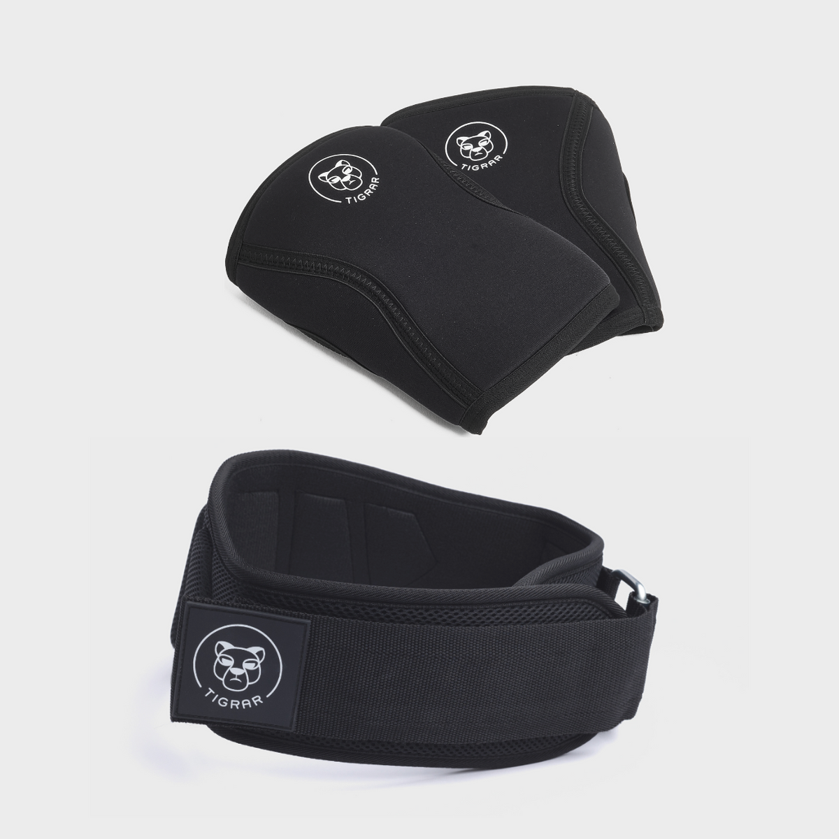 Tigrar Elite Pack: Ontworpen voor kracht en stabiliteit met neopreen knee sleeves en lifting belt.