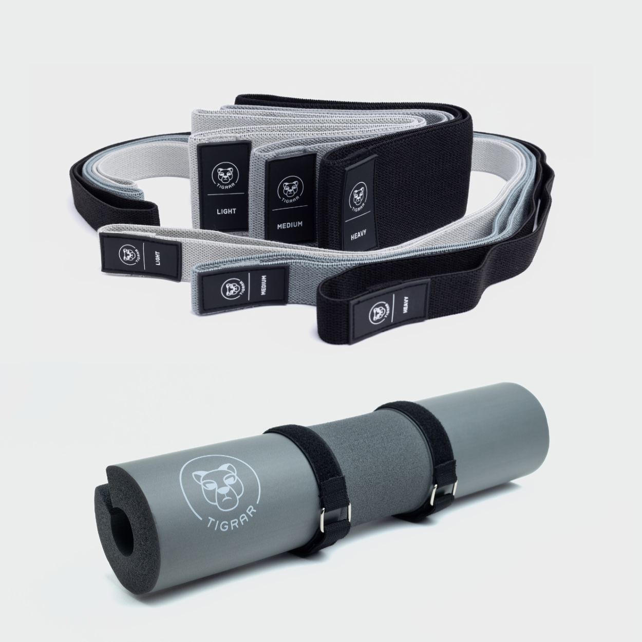 Bundel pakket met grijze barbell pad en 6 fitness elastieken