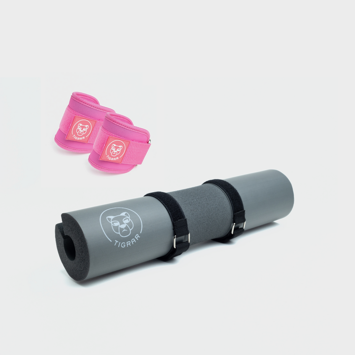 Grijze Tigrar bar pad en enkel straps roze. zachte bescherming voor gewichtheffen.