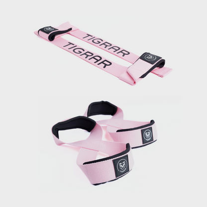 Roze figure 8 straps met roze lifting straps, biedt een opvallende en stijlvolle grip tijdens weightlifting.