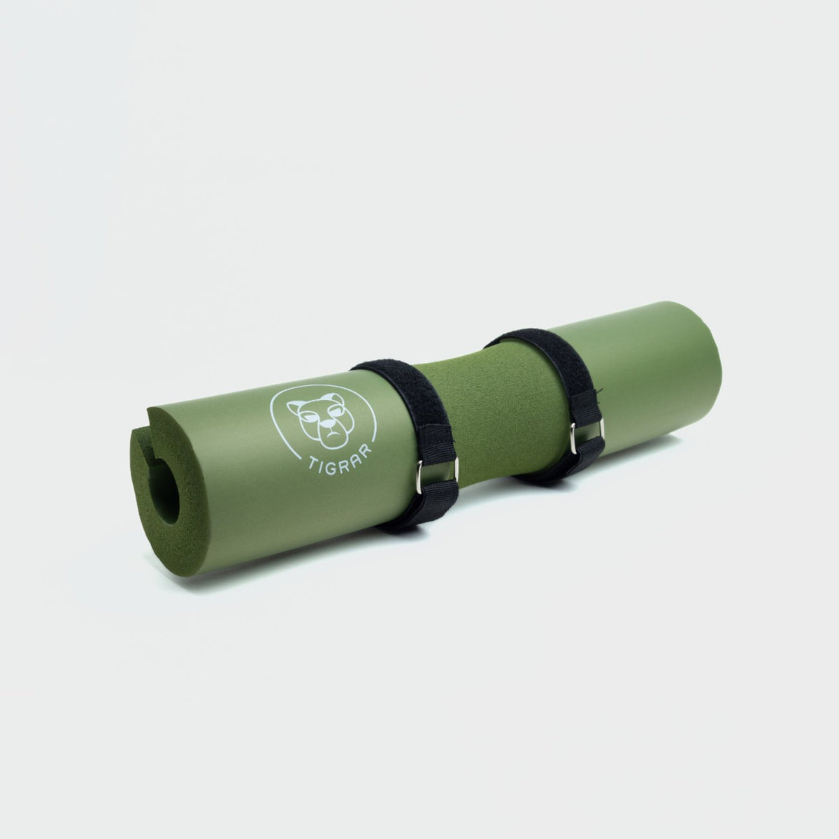 Groene Tigrar barbell pad voor squats en hip thrusts, met straps