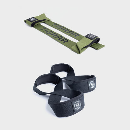 Groene lifting straps met zwarte figure 8 straps, biedt kracht en stijl voor gewichtheffen.