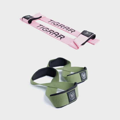 Groene figure 8 straps met roze lifting straps, perfect voor een stabiele en kleurrijke krachttraining.